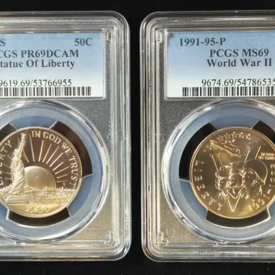 1986-S & 1991-95-P US 50 Cent Commemoratives WWII & Statue of Liberty PCGS PR-69 & PR-69 DCAM
