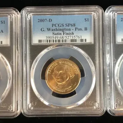 2007-D & 2007-P Washington & Madison Presidential Dollars, PCGS SP-68 Satin Finish, 3 Total