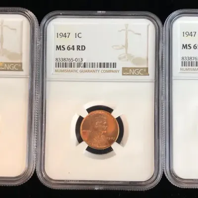 1944-P, 1947-P, & 1947-S Uncirculated Lincoln Wheat Cents, NGC MS-64/65 RD/RB, 3 Total
