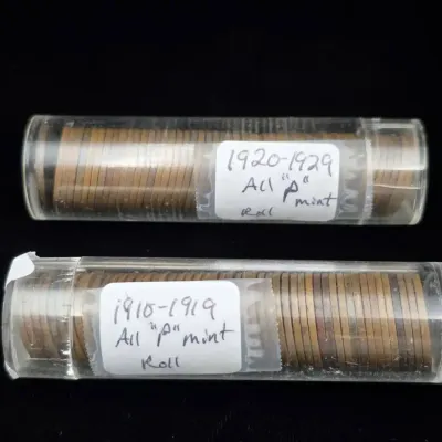 Roll of 50 1910-1919 Lincoln Wheat Cents & Roll of 50 1920-1929 Lincoln Wheat Cents - "P"Mint 