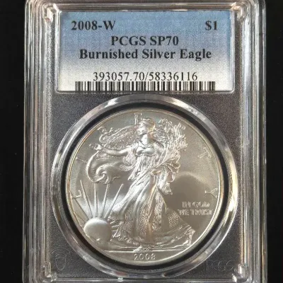 2008-W $1.00 1oz Pure Silver Eagle, Perfect Grade, Burnished Eagle, PCGS SP-70