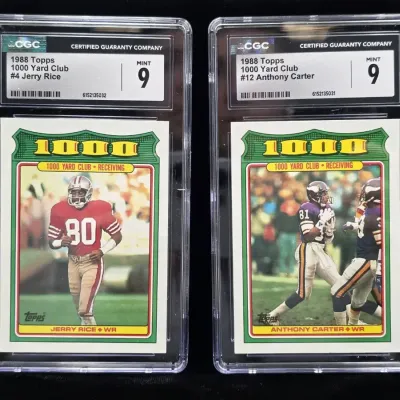 2 1988 Topps 1,000 Yard Club Cards - Jerry Rice & Anthony Carter, Better Players, CGC 9