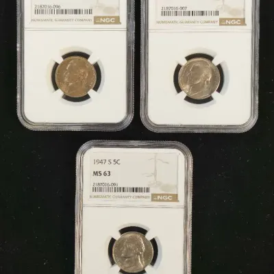 1947-S, 1948-D, 1950-D Uncirculated Jefferson Nickels NGC MS-63