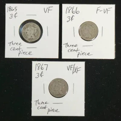 1865, 1866, 1867 3 Cent US Coins, Nice Type Coins