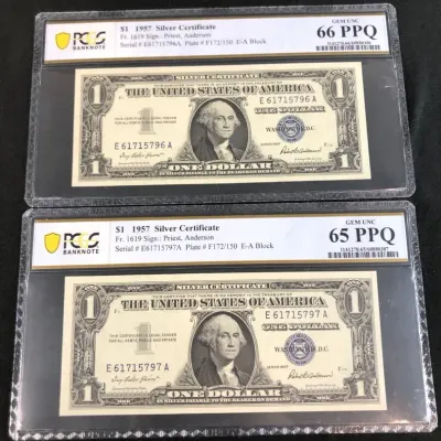 1957 Uncirculated Sequential Serial Number $1 Silver Certificates, PCGS MS-65/66 PPQ, 2 Total