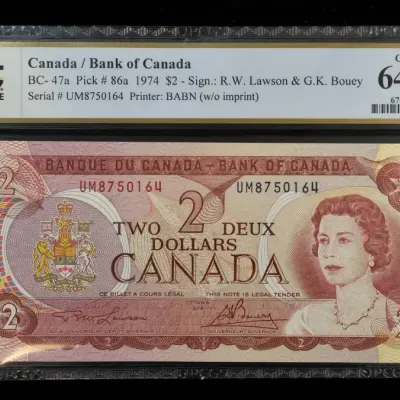 1974 Canada $2.00 Uncirculated Note PCGS MS-64 PPQ