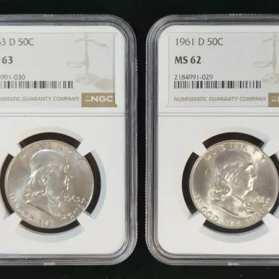 1961-D & 1963-D Silver Franklin Uncirculated Half Dollars NGC MS-62/MS-63