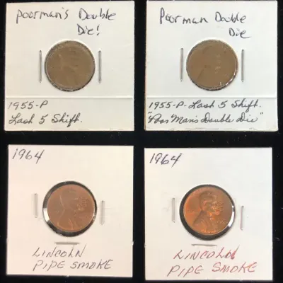 2 1964 Lincoln Pipe Smoking Cents & 2 1955-P Poor Man’s Doubled Die Cents, 4 Total