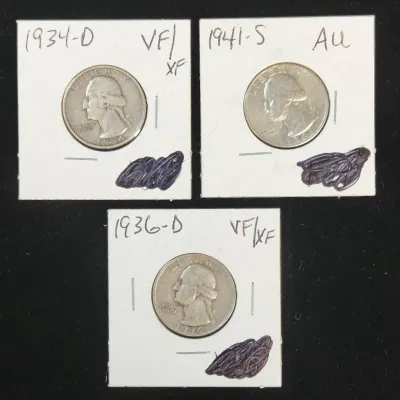 3 Key Date Washington Silver Quarters, 1934-D, 1936-D, 1941-S