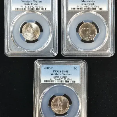 2005-P, 2005-D & 2006-D Western Waters & Monticello Nickels, PCGS SP-68 Satin Finish