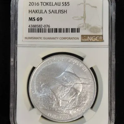 2016 Tokelau $5.00 1oz .999 Silver Hakula Sailfish Coin NGC MS-69