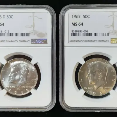 1967-P & 1968-D Silver Kennedy Half Dollars Uncirculated NGC MS-64