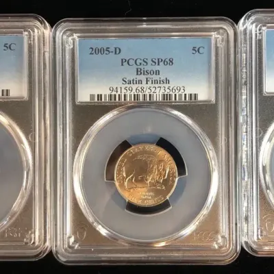 2005-P/D Bison & 2006-P Monticello Uncirculated Nickels, PCGS SP-68 Satin Finish, 3 Total
