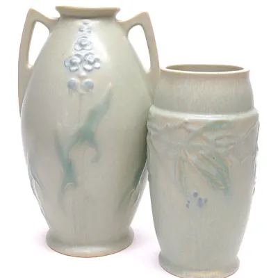 Sale Photo Thumbnail #441: (2) 1928 Roseville Pottery Cremona Green Vases