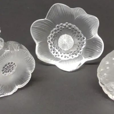 Sale Photo Thumbnail #585: 3 Lalique Flower Perfume Bottles & Paperweight