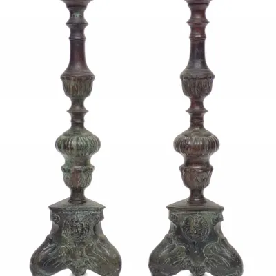 Sale Photo Thumbnail #593: Pair of Bronze Patinated Pricket Candlesticks