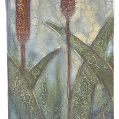 Sale Photo Thumbnail #490: Ephraim Faience Pottery Marsh Cattail Tile Art