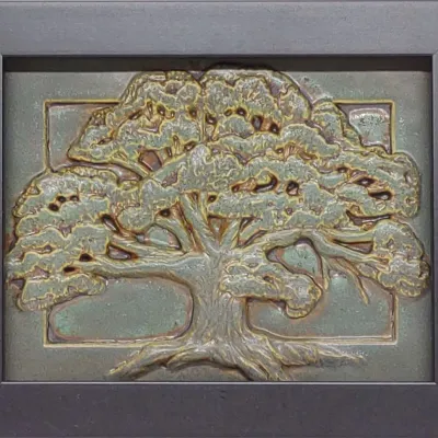 Sale Photo Thumbnail #616: High Relief Ceramic Oak Tree Tile Art in Frame