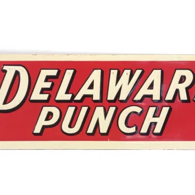 Sale Photo Thumbnail #148: 1950s Drink Delaware Punch Tin Embossed Soda Sign