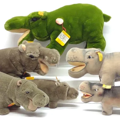 Sale Photo Thumbnail #445: 6 Steiff Mohair Hippo Toys (Incl Green Cosy Hippo)
