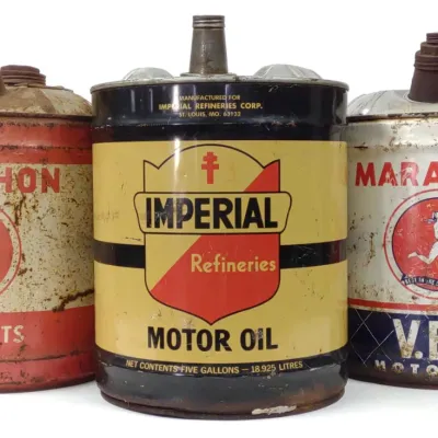 Sale Photo Thumbnail #347: 3 Marathon & Imperial 5 Gallon Motor Oil Cans