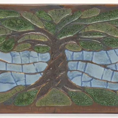 Sale Photo Thumbnail #233: Ephraim Faience Pottery Tree of Life Tile Art 7x5"