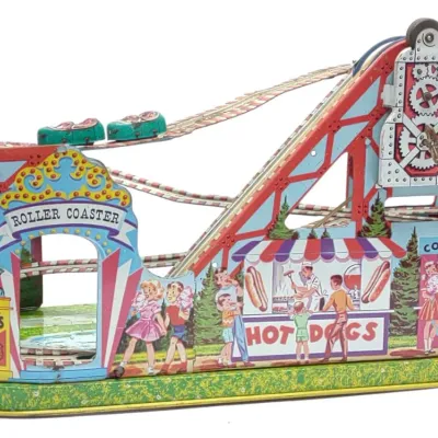 Sale Photo Thumbnail #624: J. Chein Tin Windup Roller Coaster Toy w/ 2 Cars