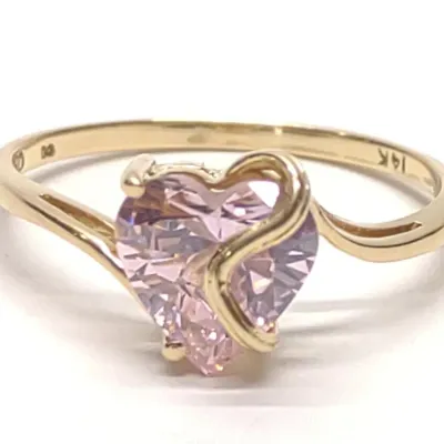 Sale Photo Thumbnail #393: 14K Yellow Gold Heart Shaped Pink CZ Ring sz 8.75