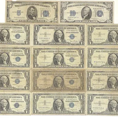 Sale Photo Thumbnail #90: (14) $10, $5 & $1 Silver Certificate US Bank Notes