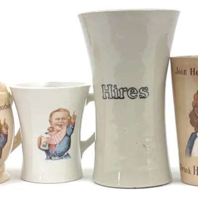 Sale Photo Thumbnail #372: 4 Antique Hires Root Beer Soda Advertising Mugs