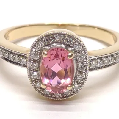 Sale Photo Thumbnail #139: 14K Gold Pink Tourmaline Diamond Halo Ring sz 8.25