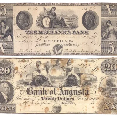 Sale Photo Thumbnail #79: (2) 1800s $20 & $5 Obsolete Currency US Bank Notes
