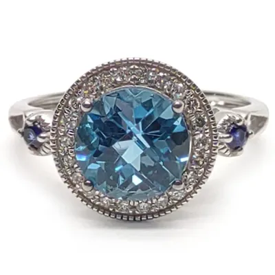 Sale Photo Thumbnail #27: 14K W. Gold 2.5ct Blue Topaz & Diamond Halo Ring