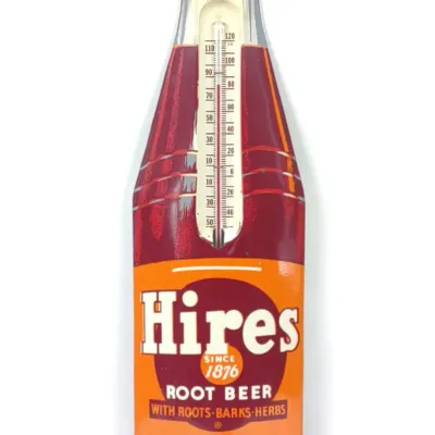 Sale Photo Thumbnail #141: 1950s Hires Root Beer Tin Soda Bottle Thermometer