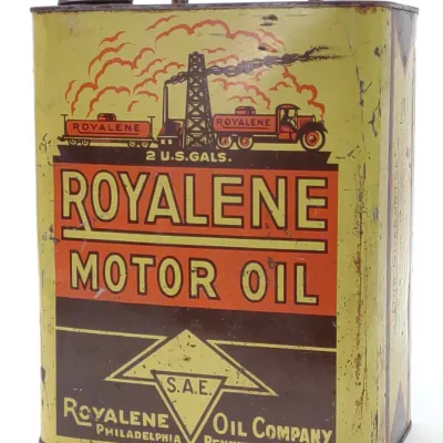 Sale Photo Thumbnail #34: Royalene Motor Oil Two Gallon Tin Oil Can