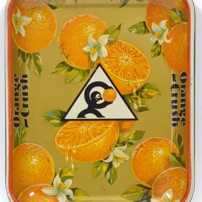 Sale Photo Thumbnail #217: 1930s Orange Crush "Crushy" Tin Serving Tray