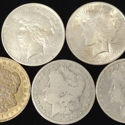 Sale Photo Thumbnail #52: 5 Morgan & Peace Dollar US Coins (90% silver)