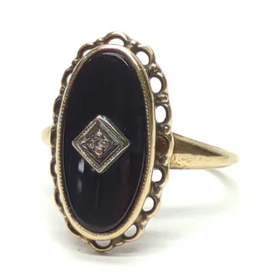 Sale Photo Thumbnail #243: Art Deco 10K Yellow Gold Onyx & Diamond Ring