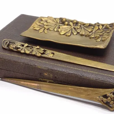 Sale Photo Thumbnail #140: 4 pc Art Nouveau Gilt Bronze Desk Set Leon LeRoyer