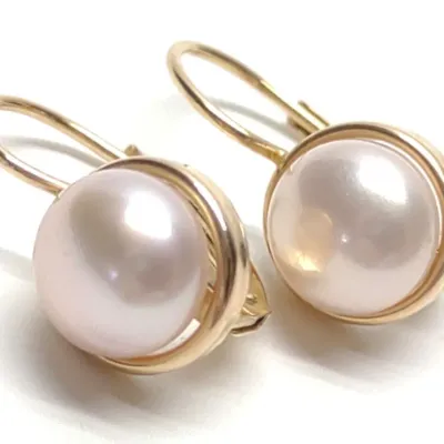 Sale Photo Thumbnail #308: 14K Yellow Gold Button Pearl Leverback Earrings