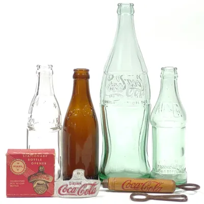 Sale Photo Thumbnail #377: 4 Early Coca Cola Soda Bottles & 3 Bottle Openers