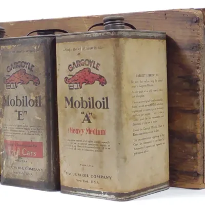 Sale Photo Thumbnail #164: 3 Gargoyle Mobiloil One Gallon Oil Cans w/ Crate