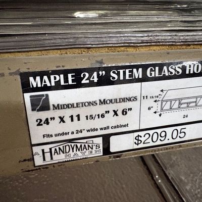 Sale Photo Thumbnail #36: Retail display shelf label for a Middletons Mouldings maple 24-inch stemware glass holder.