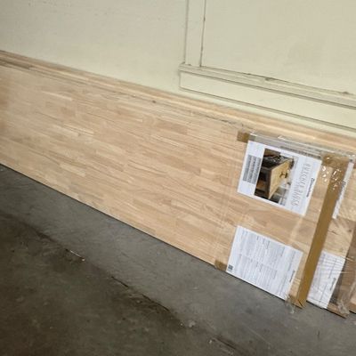 Sale Photo Thumbnail #79: Unused Williamsburg butcher block wood countertops in original plastic packaging.