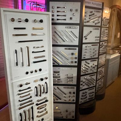 Sale Photo Thumbnail #14: Collection of Jeffrey Alexander hardware sample display boards featuring a wide variety of cabinet handles, drawer pulls, and knobs in multiple finishes.