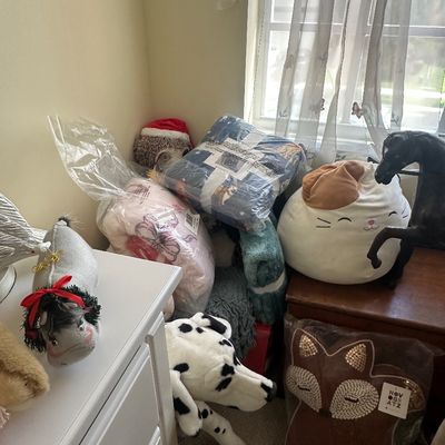 Sale Photo Thumbnail #83: Collection of plush toys, throw blankets, and decorative pillows arranged in a corner next to a window.