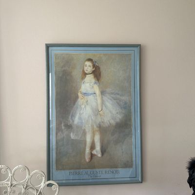 Sale Photo Thumbnail #46: Framed exhibition poster featuring Pierre-Auguste Renoir's "The Dancer," set in a grey-blue wood frame.