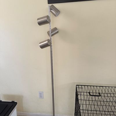 Sale Photo Thumbnail #32: Brushed nickel four-light tree floor lamp with adjustable cylindrical spot shades, modern style.