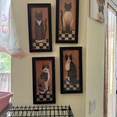 Sale Photo Thumbnail #35: Set of four framed folk art cat portraits, each depicting a different cat seated on a checkered floor in black frames.