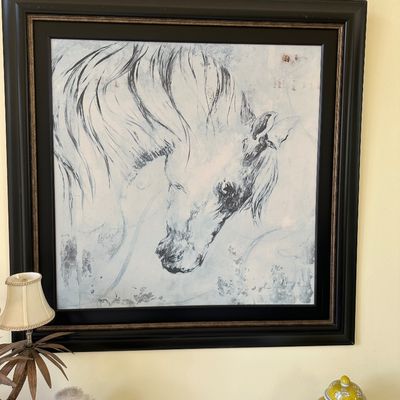 Sale Photo Thumbnail #14: Large framed contemporary equestrian wall art featuring a sketchy, monochromatic depiction of a horse's head.